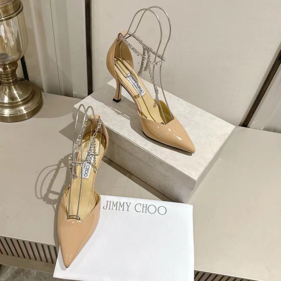 Jimmy Choo Rhinestone Cross-Strap Kitten Heels – 2025 Spring/Summer Collection