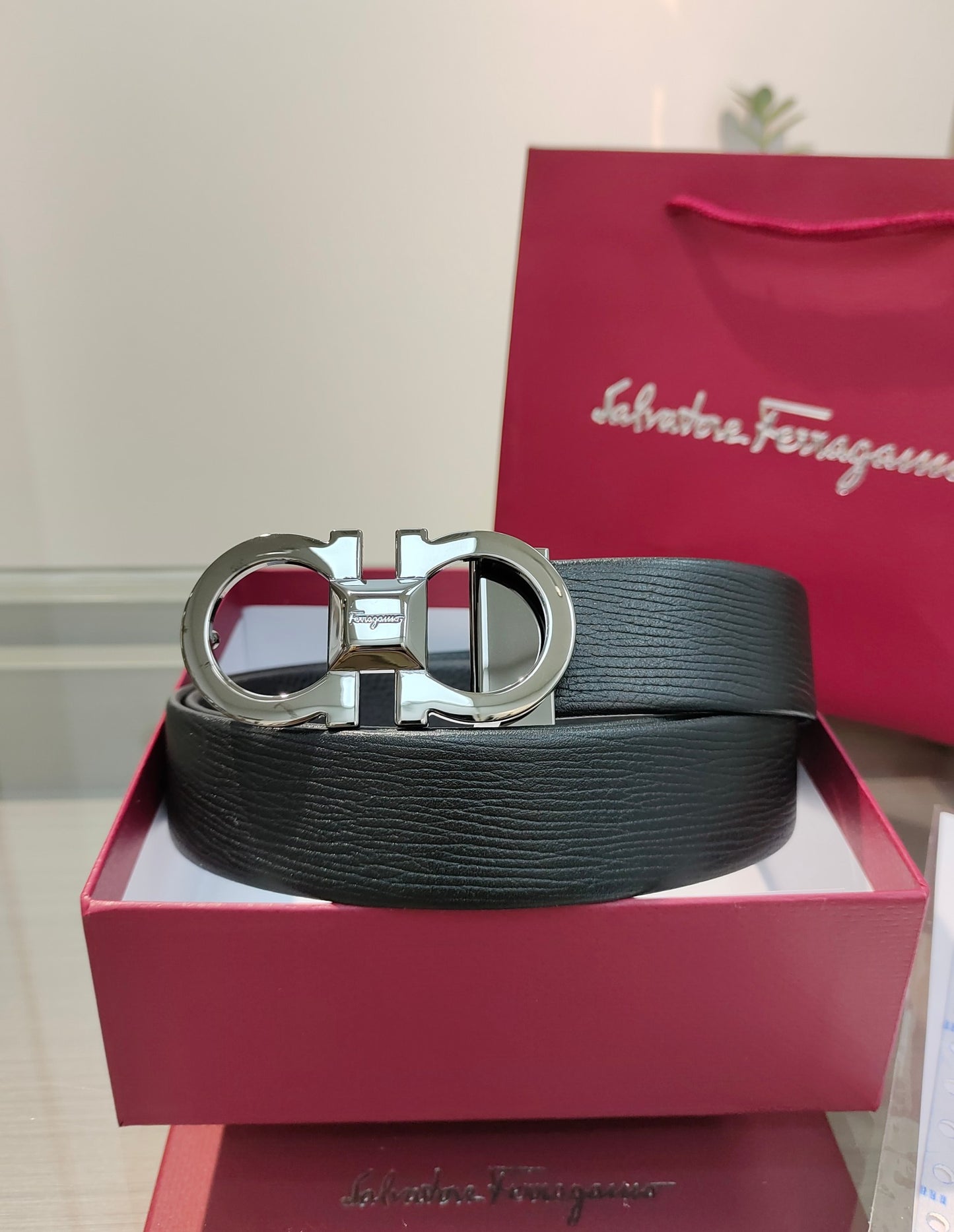 Ferragamo Reversible Leather Belt with Copper Buckle