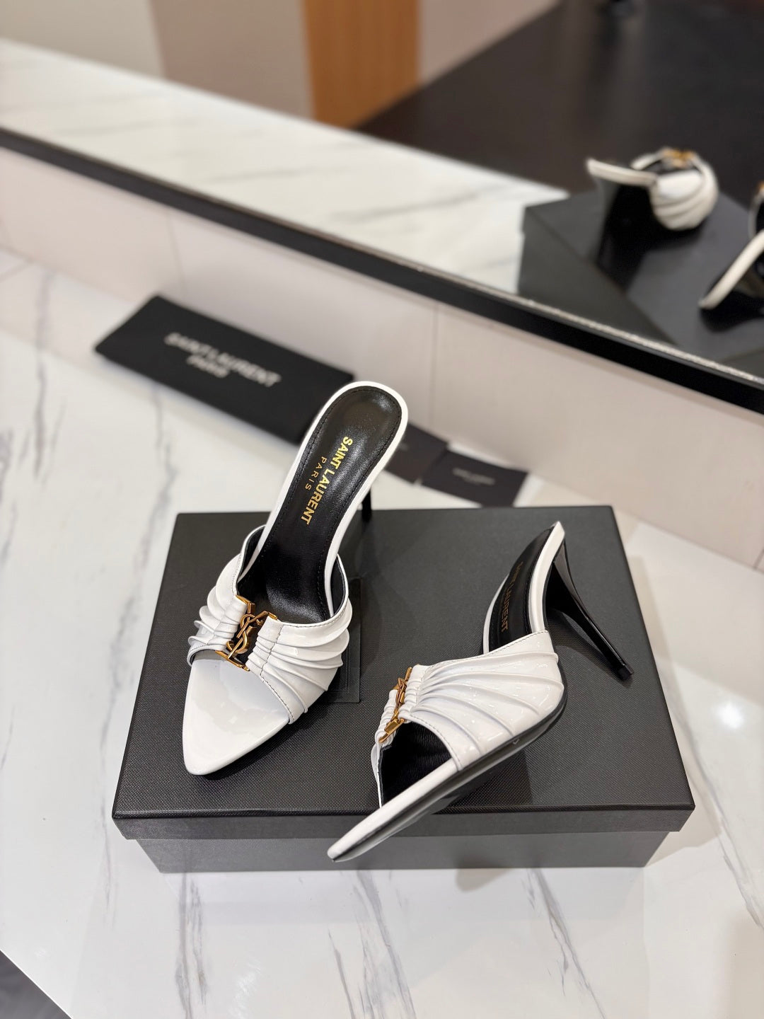 Saint Laurent Crystal Chain Patent Leather Heeled Sandals – 2025 Spring/Summer Collection