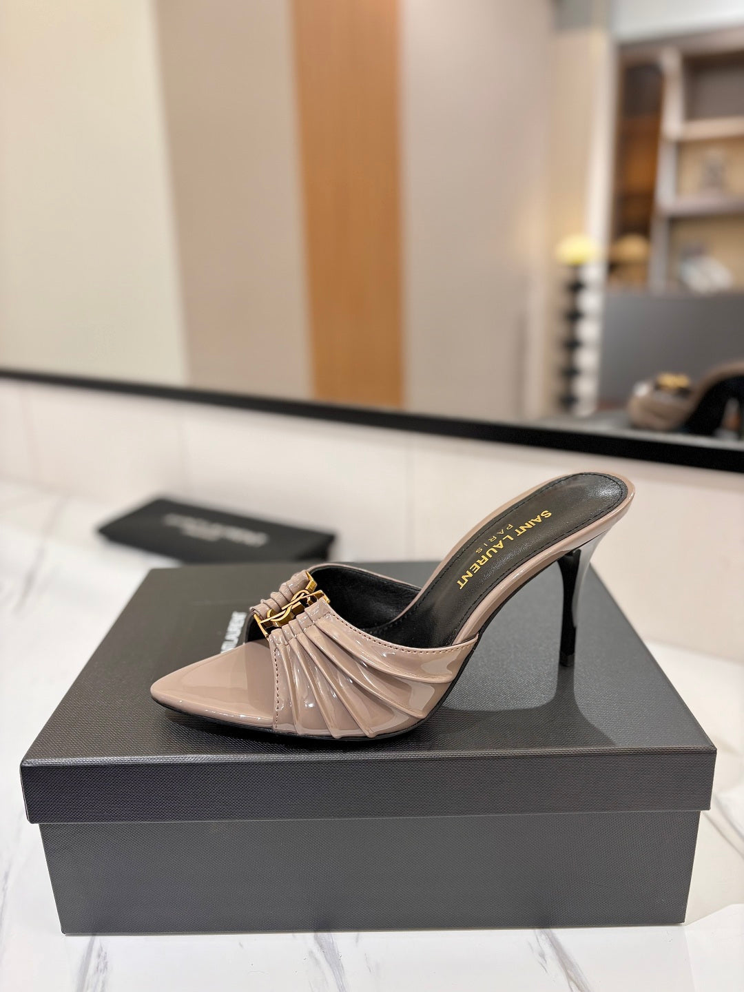 Saint Laurent Crystal Chain Patent Leather Heeled Sandals – 2025 Spring/Summer Collection