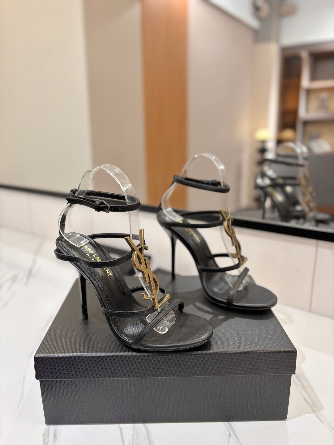 Saint Laurent YSL Logo Mirror Leather Heeled Sandals