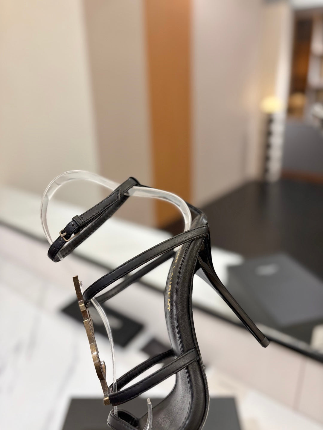Saint Laurent YSL Logo Mirror Leather Heeled Sandals