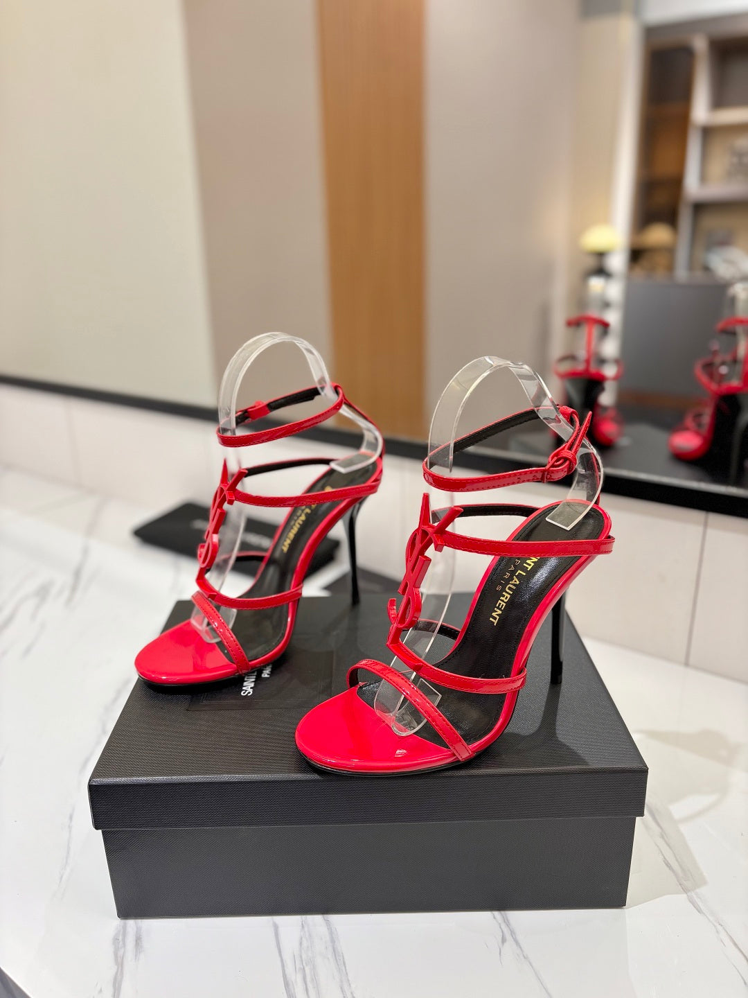 Saint Laurent YSL Logo Mirror Leather Heeled Sandals