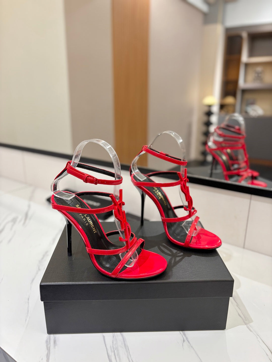 Saint Laurent YSL Logo Mirror Leather Heeled Sandals