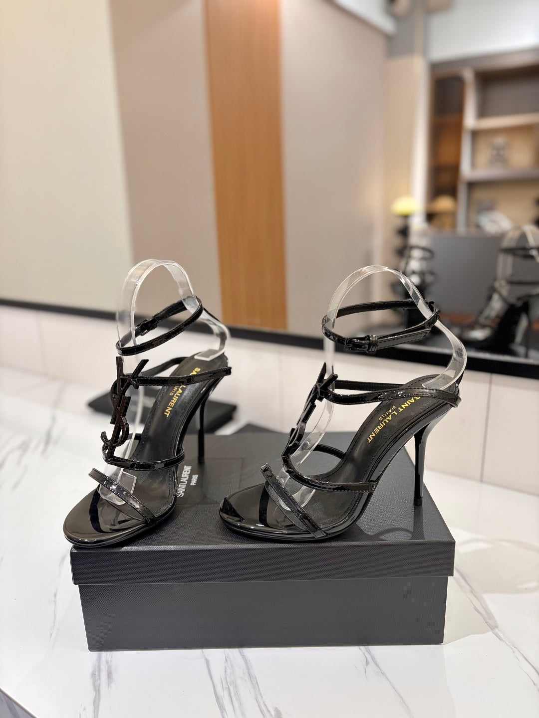 Saint Laurent YSL Logo Mirror Leather Heeled Sandals