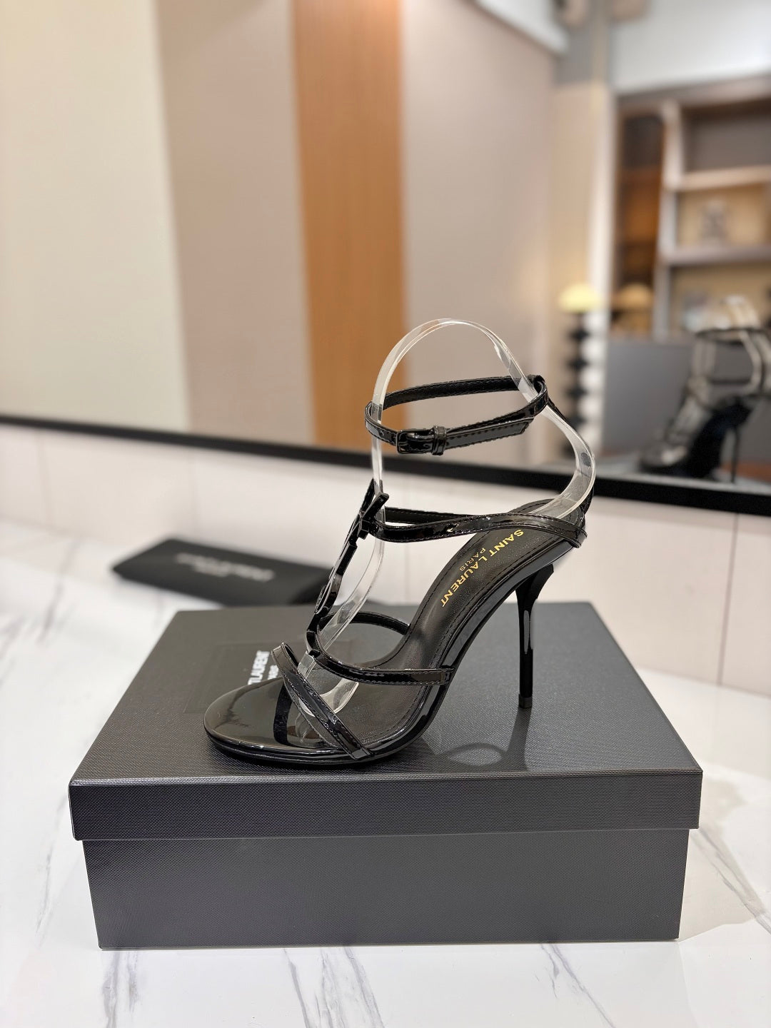 Saint Laurent YSL Logo Mirror Leather Heeled Sandals