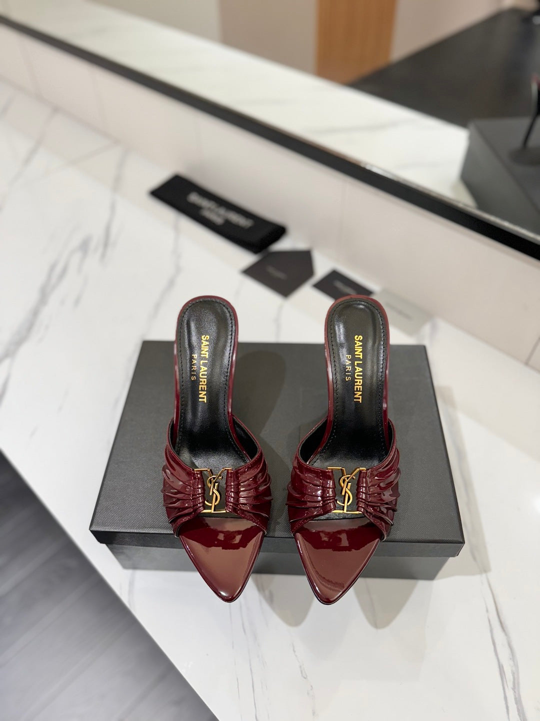 Saint Laurent Crystal Chain Patent Leather Heeled Sandals – 2025 Spring/Summer Collection