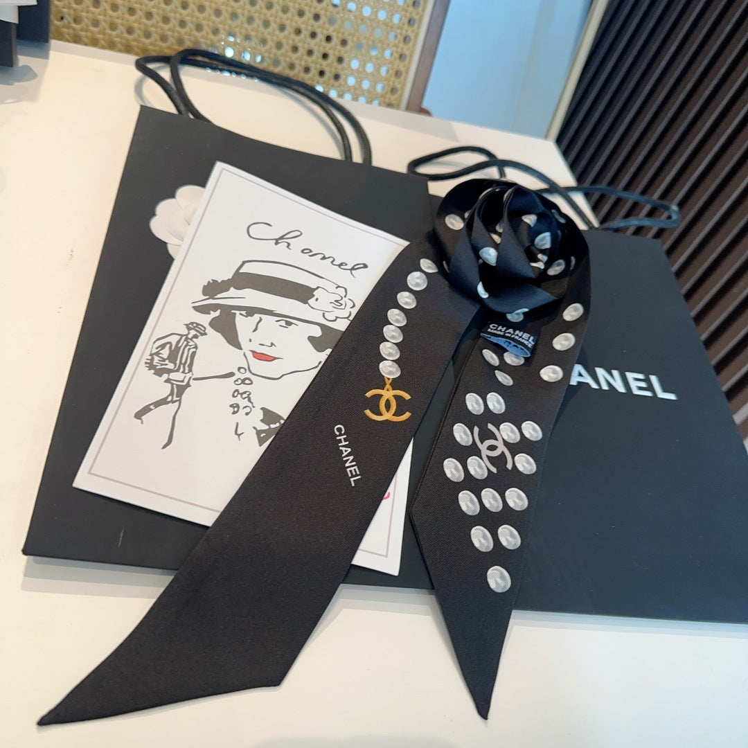 Chanel Small Pearl Silk Twilly Scarf
