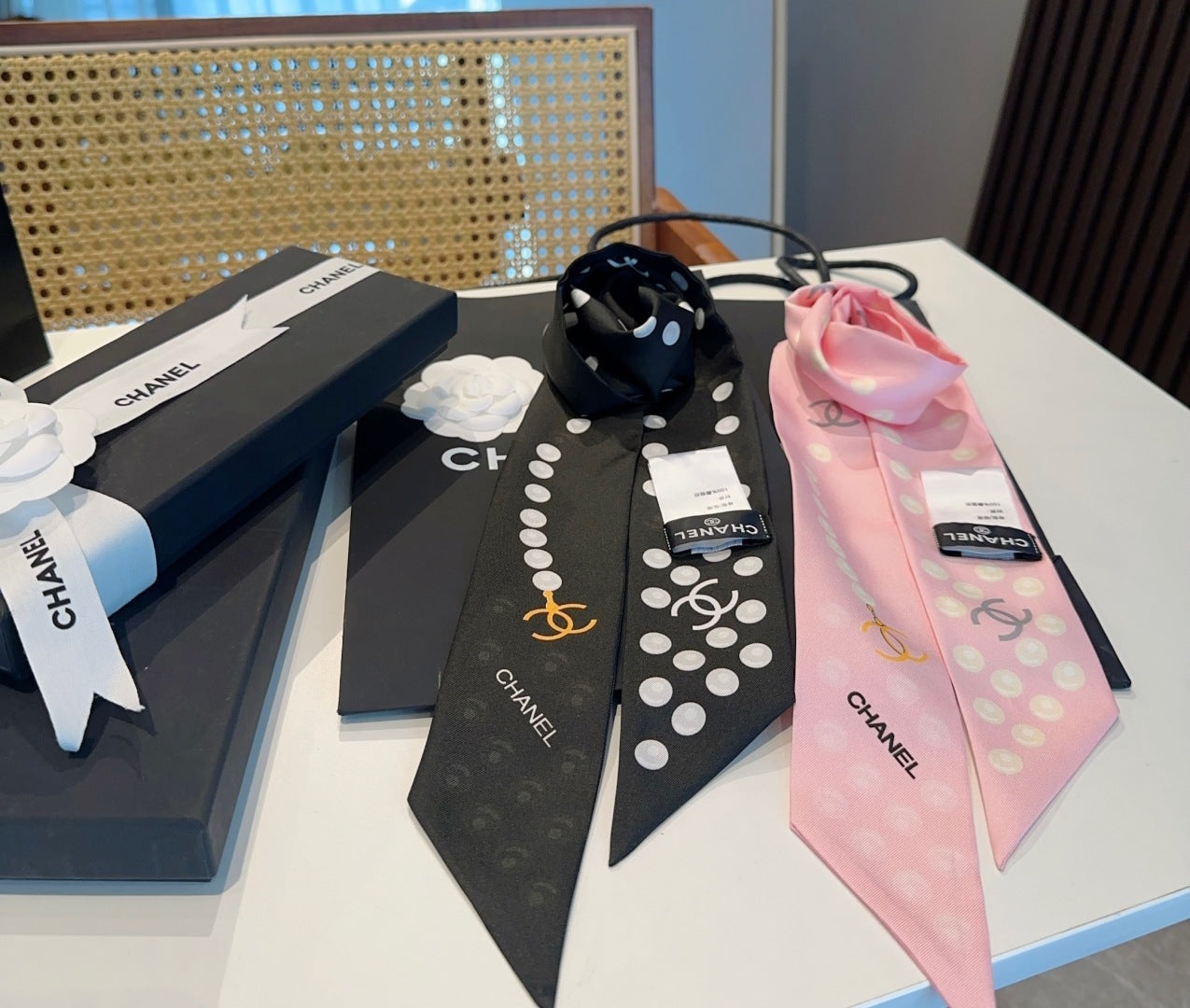 Chanel Pearl Silk Twilly Scarf