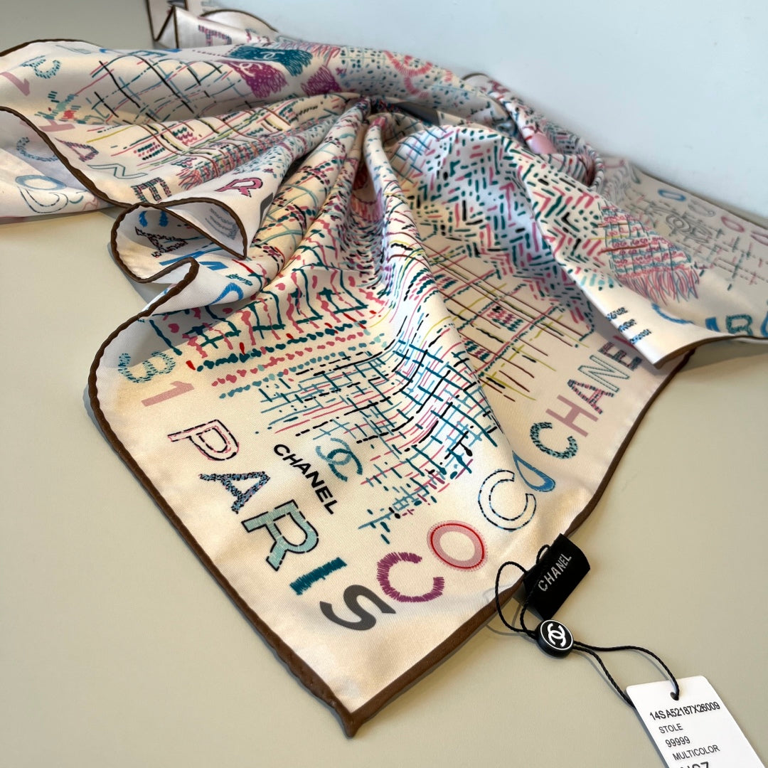 Chanel Colorful Striped Silk Square Scarf