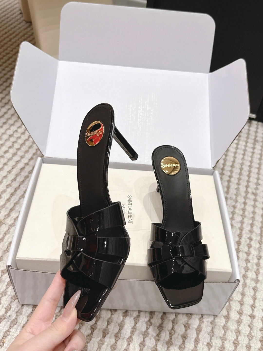 Saint Laurent Melody Square-Toe Heeled Sandals – 2026 Spring/Summer Collection