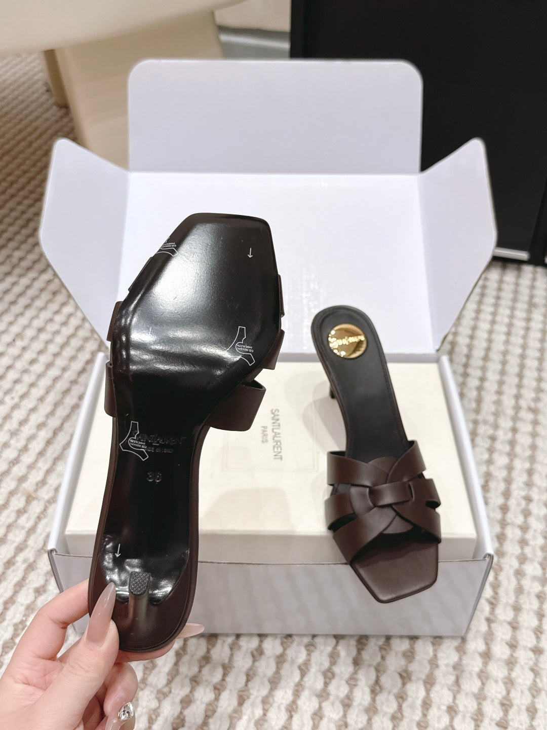Saint Laurent Melody Square-Toe Heeled Sandals – 2026 Spring/Summer Collection