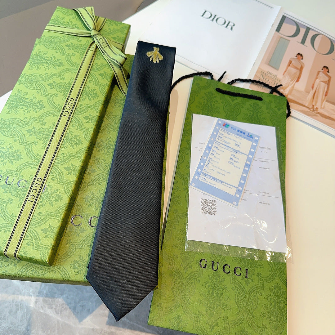 Gucci Silk Tie with Gold Bee Embroidery