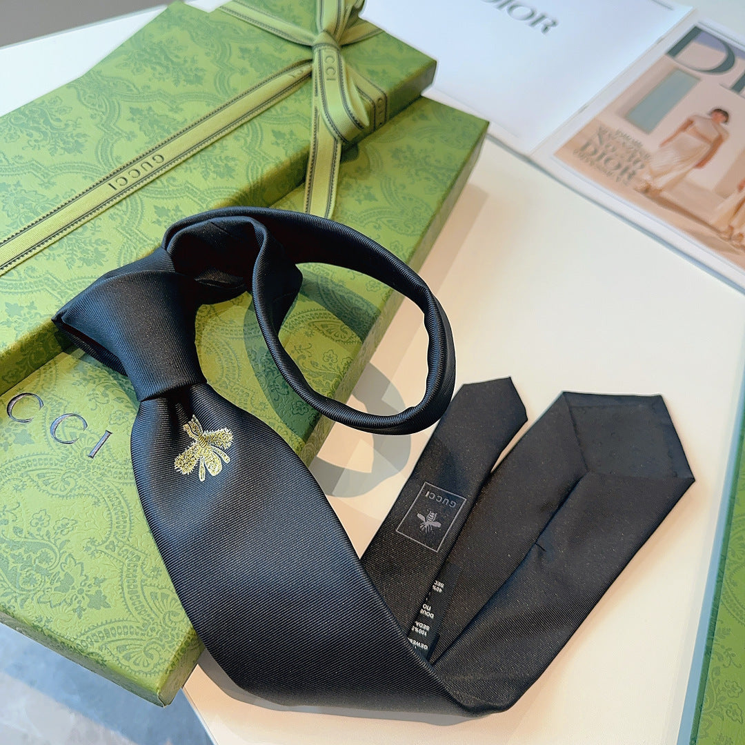 Gucci Silk Tie with Gold Bee Embroidery