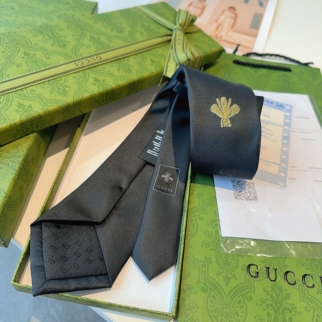 Gucci Silk Tie with Gold Bee Embroidery