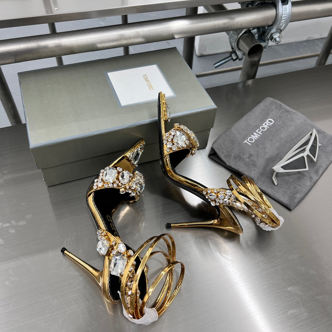 Tom Ford Gold Crystal Heeled Sandals
