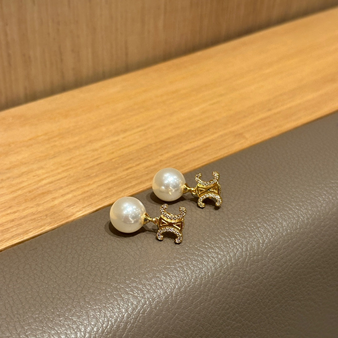 Celine Gold Triomphe Pearl Stud Earrings – New Collection