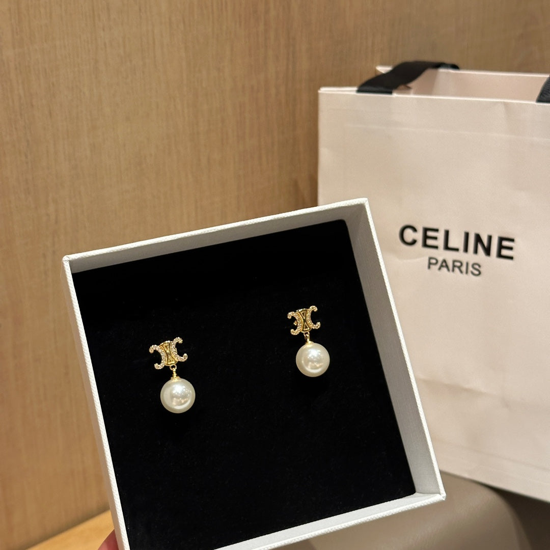 Celine Gold Triomphe Pearl Stud Earrings – New Collection