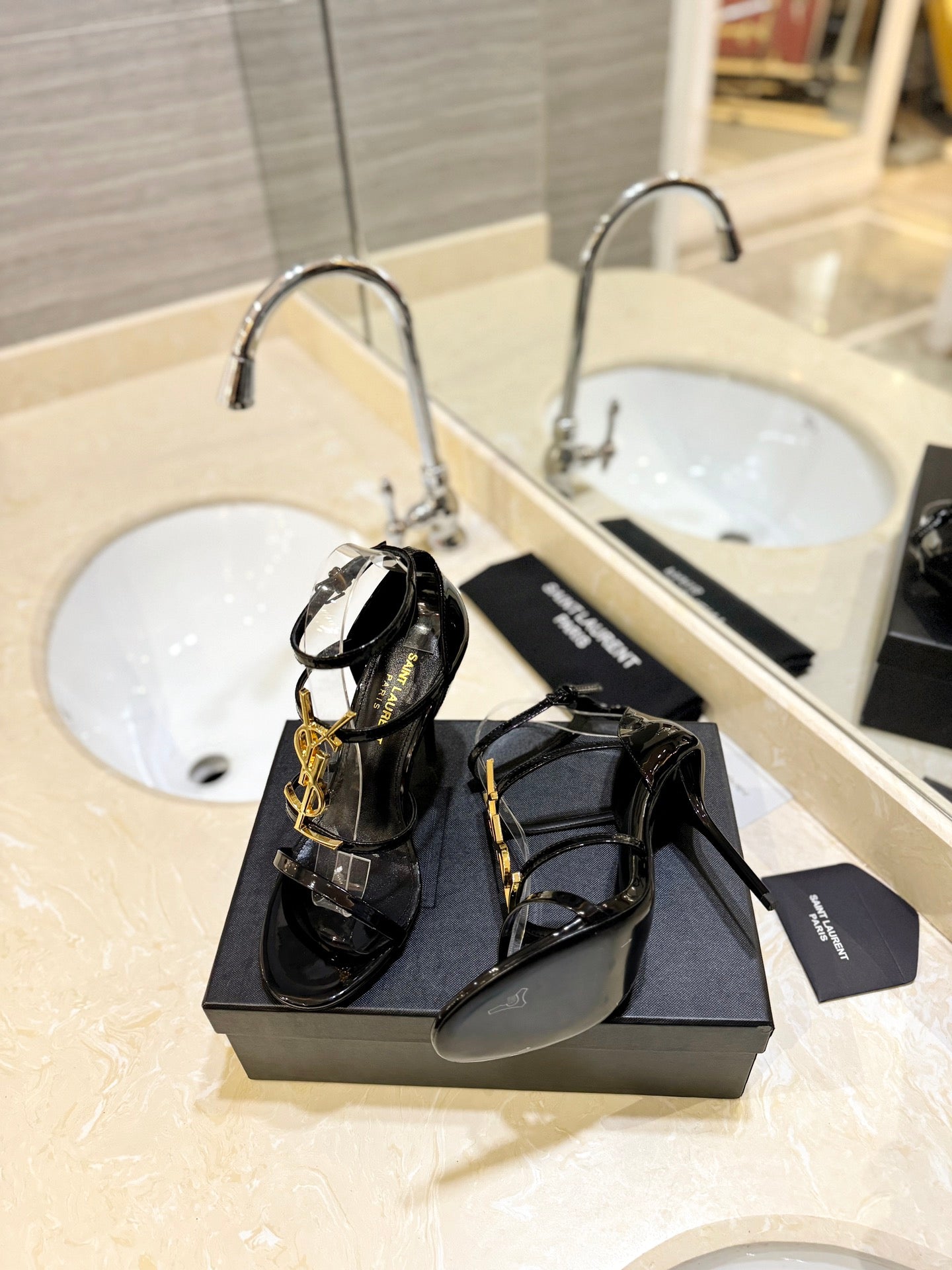 Saint Laurent YSL Logo Lacquer Heeled Sandals