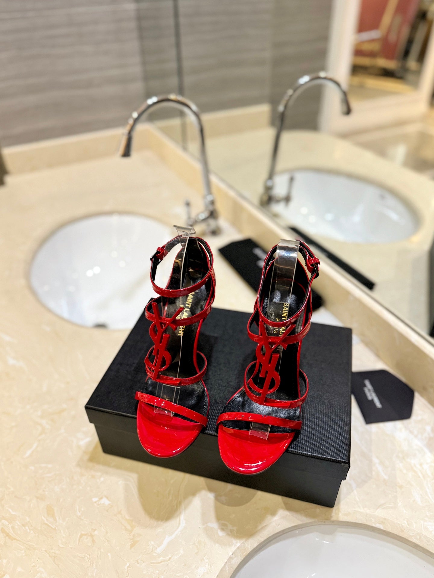 Saint Laurent YSL Logo Lacquer Heeled Sandals