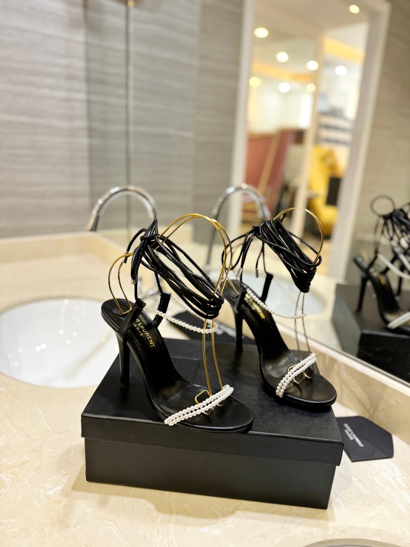 Saint Laurent YSL Pearl Strappy Heeled Sandals