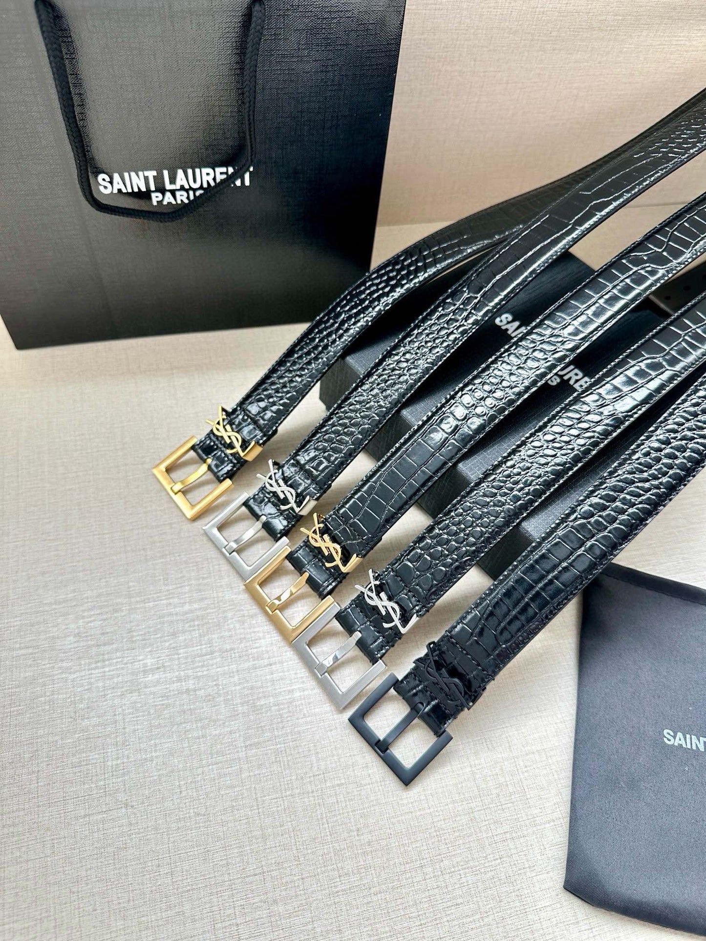 Saint Laurent Monogram Crocodile Embossed Leather Narrow Belt