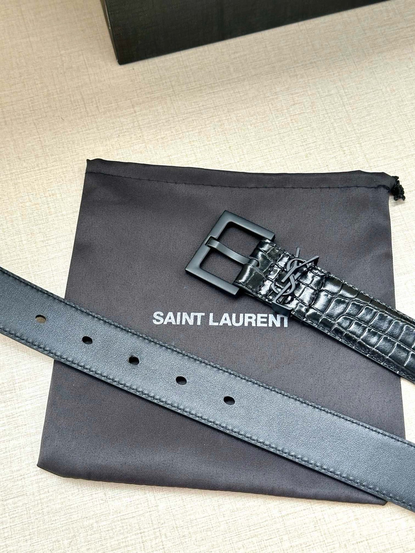 Saint Laurent Monogram Crocodile Embossed Leather Narrow Belt
