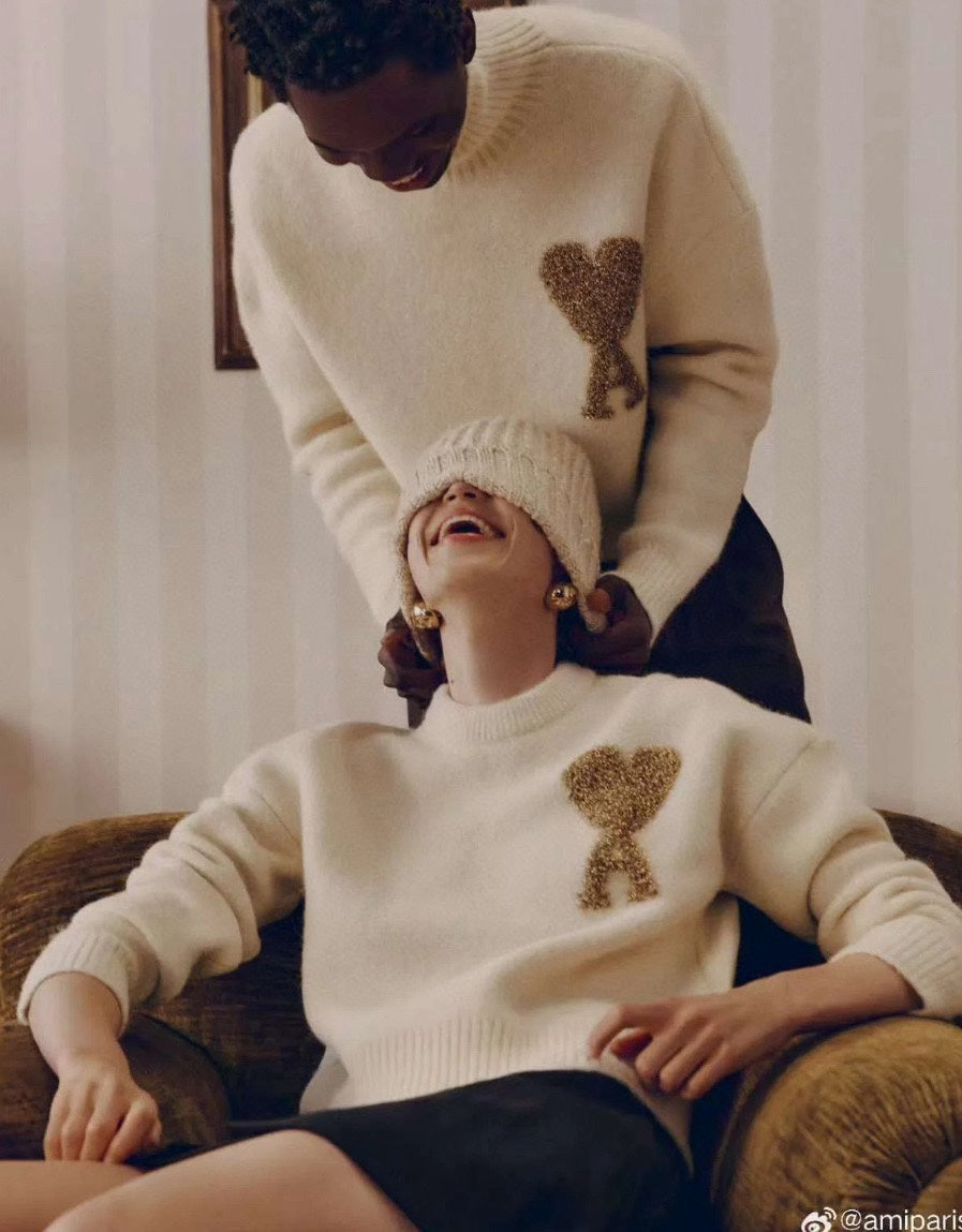 AMI Paris Gold Thread Heart Jacquard Sweater – 24FW Limited Edition