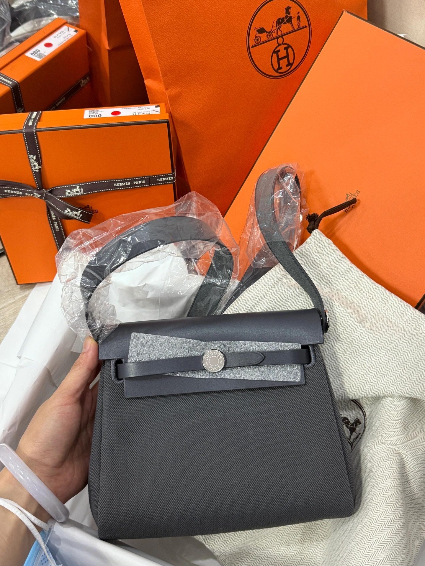 Hermès Herbag 20 Slate Grey Canvas Bag