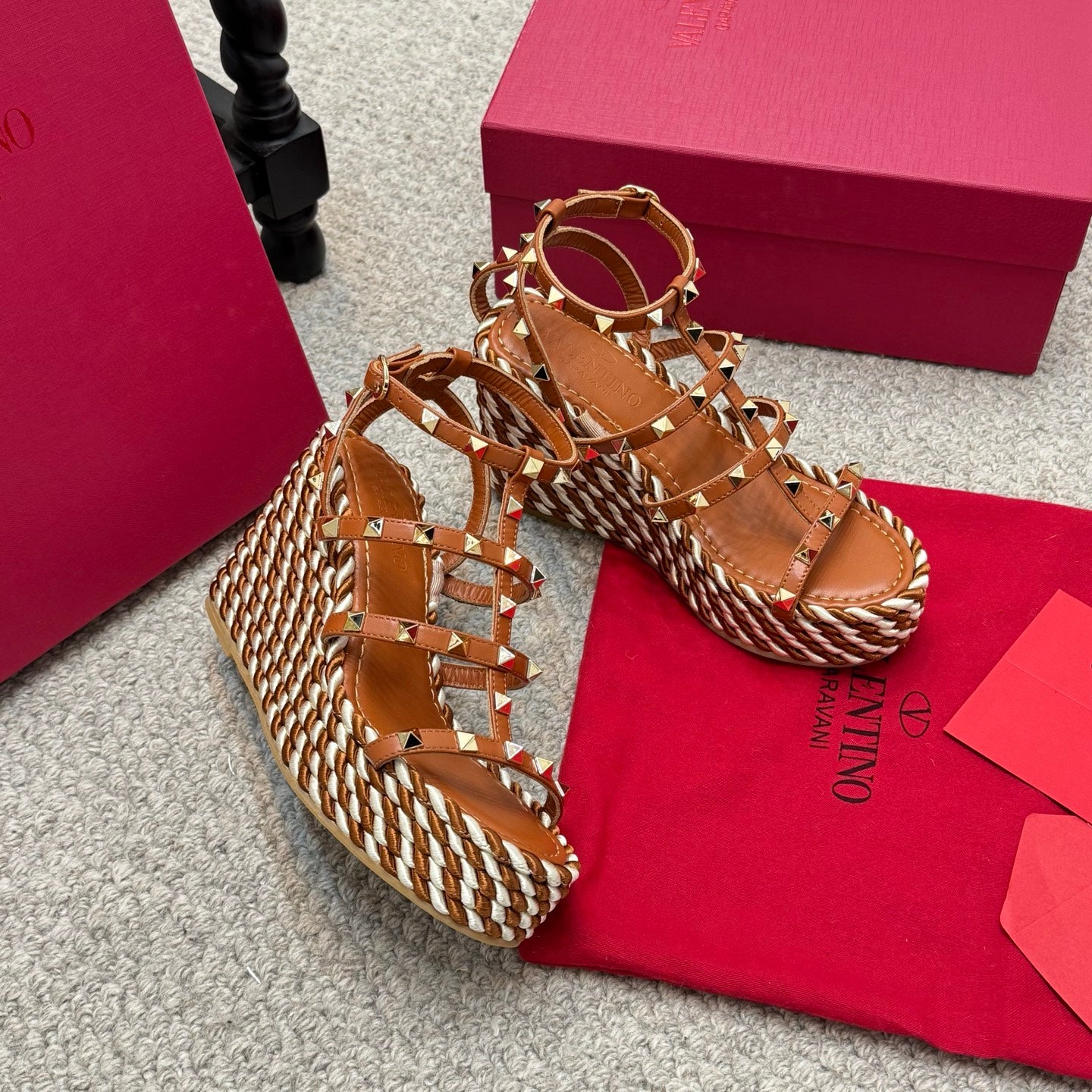 Valentino Rivet Hemp Rope Woven Wedge Sandals – Spring/Summer Collection