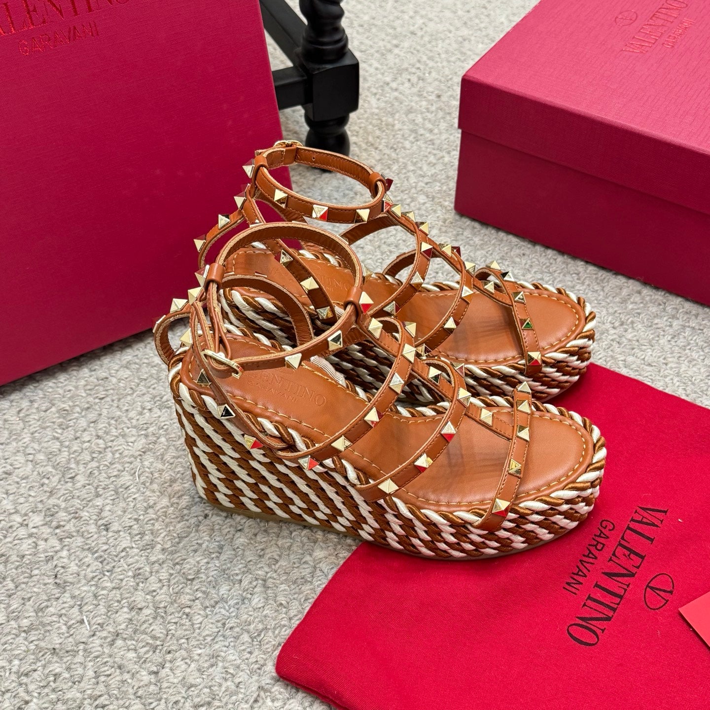 Valentino Rivet Hemp Rope Woven Wedge Sandals – Spring/Summer Collection