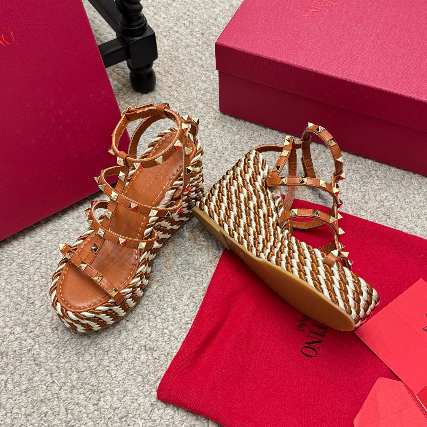 Valentino Rivet Hemp Rope Woven Wedge Sandals – Spring/Summer Collection