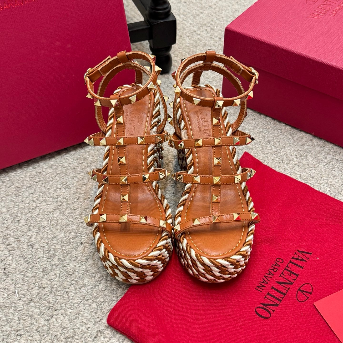 Valentino Rivet Hemp Rope Woven Wedge Sandals – Spring/Summer Collection