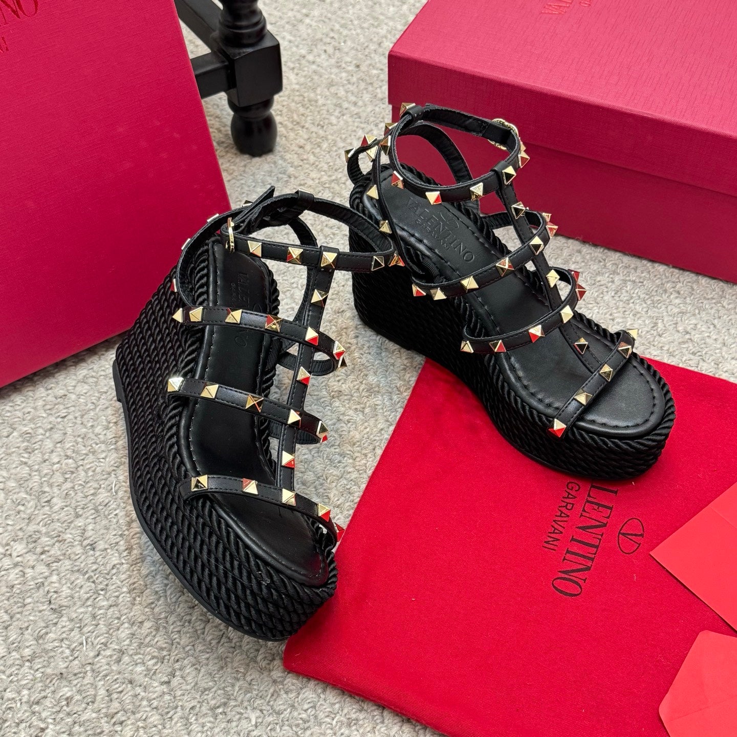 Valentino Rivet Hemp Rope Woven Wedge Sandals – Spring/Summer Collection