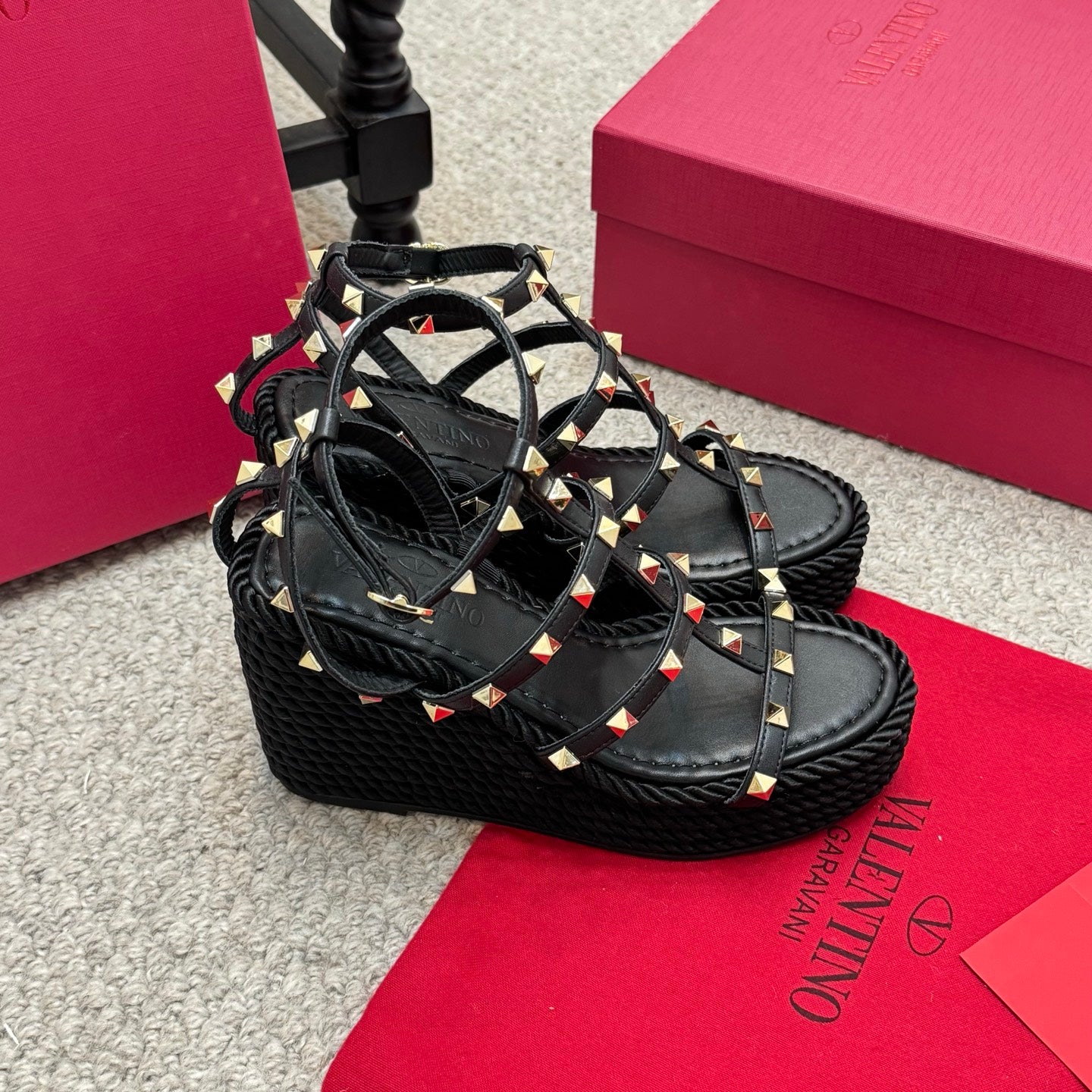 Valentino Rivet Hemp Rope Woven Wedge Sandals – Spring/Summer Collection