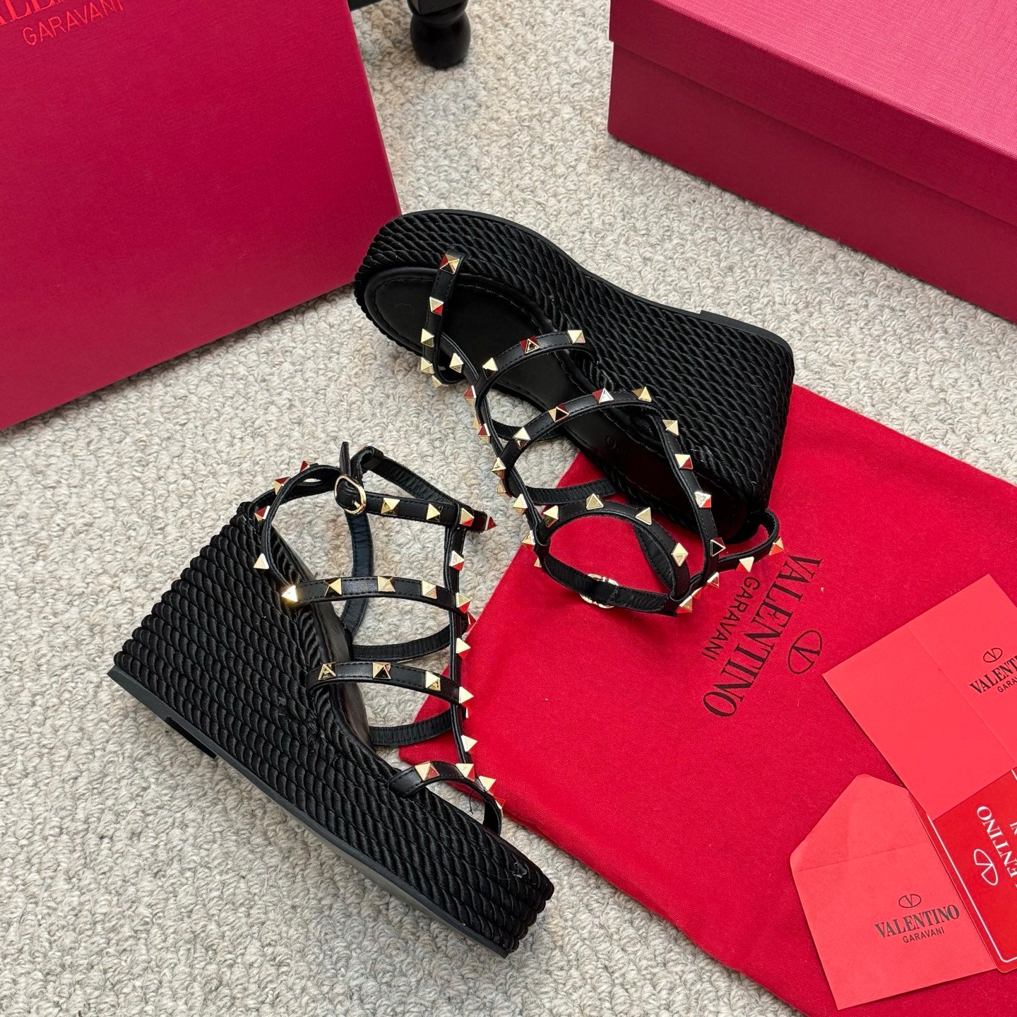 Valentino Rivet Hemp Rope Woven Wedge Sandals – Spring/Summer Collection