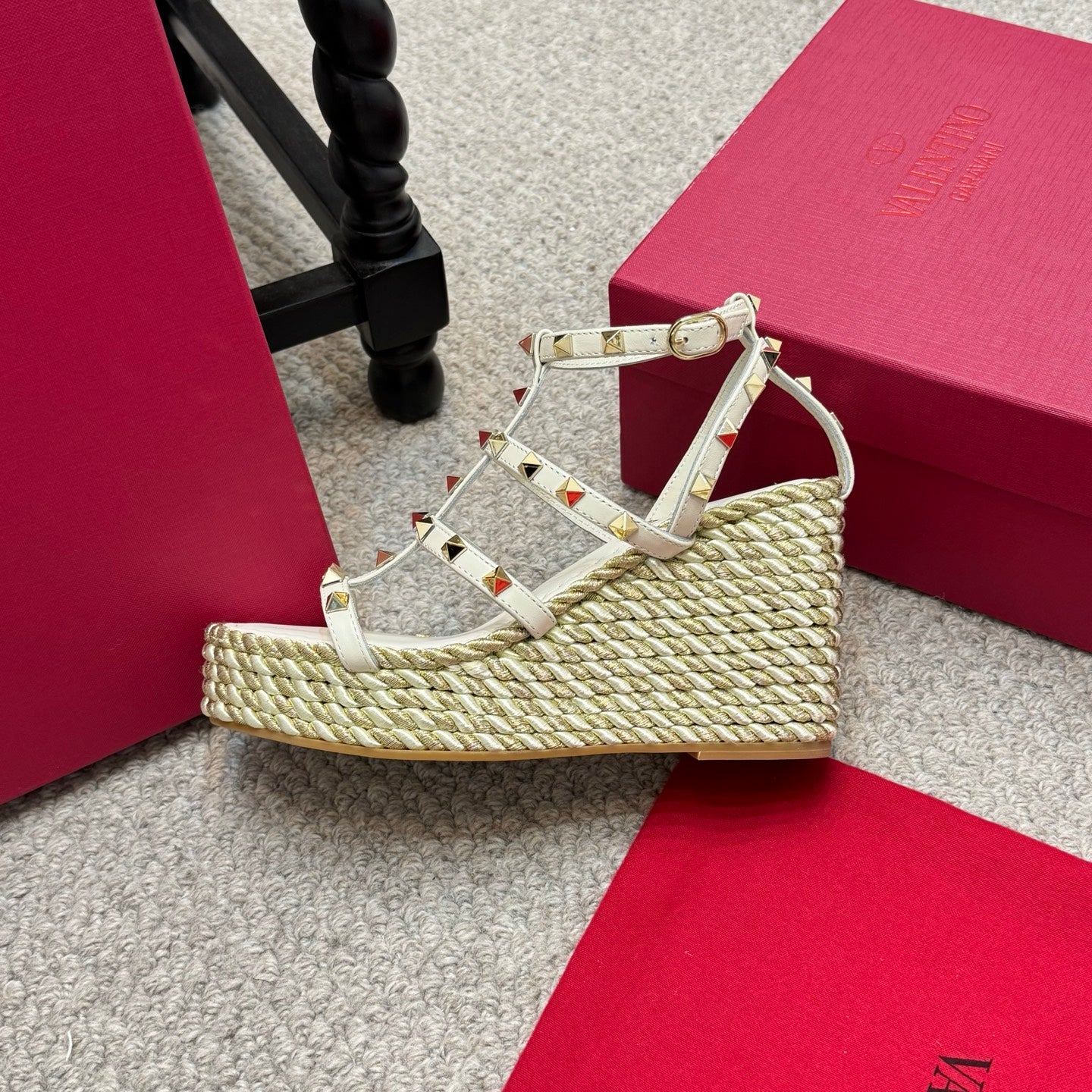 Valentino Rivet Hemp Rope Woven Wedge Sandals – Spring/Summer Collection