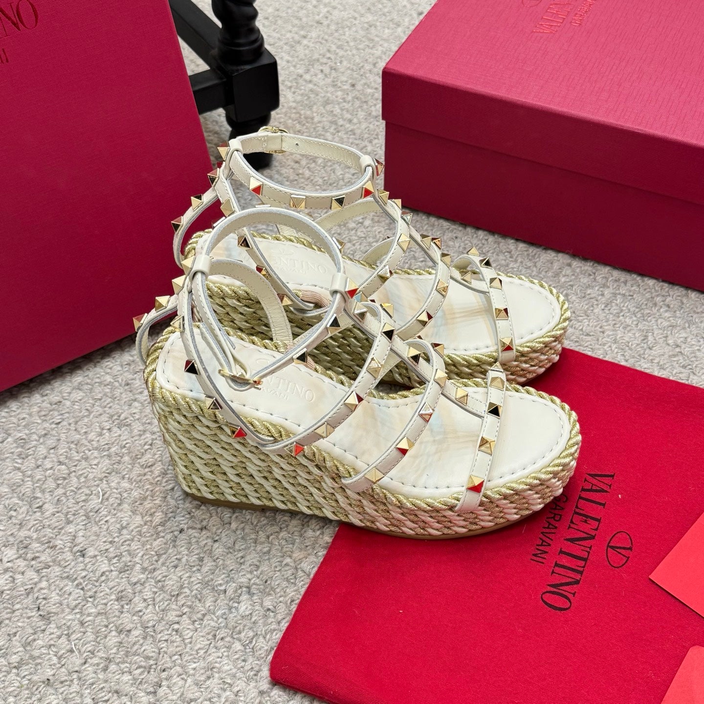 Valentino Rivet Hemp Rope Woven Wedge Sandals – Spring/Summer Collection