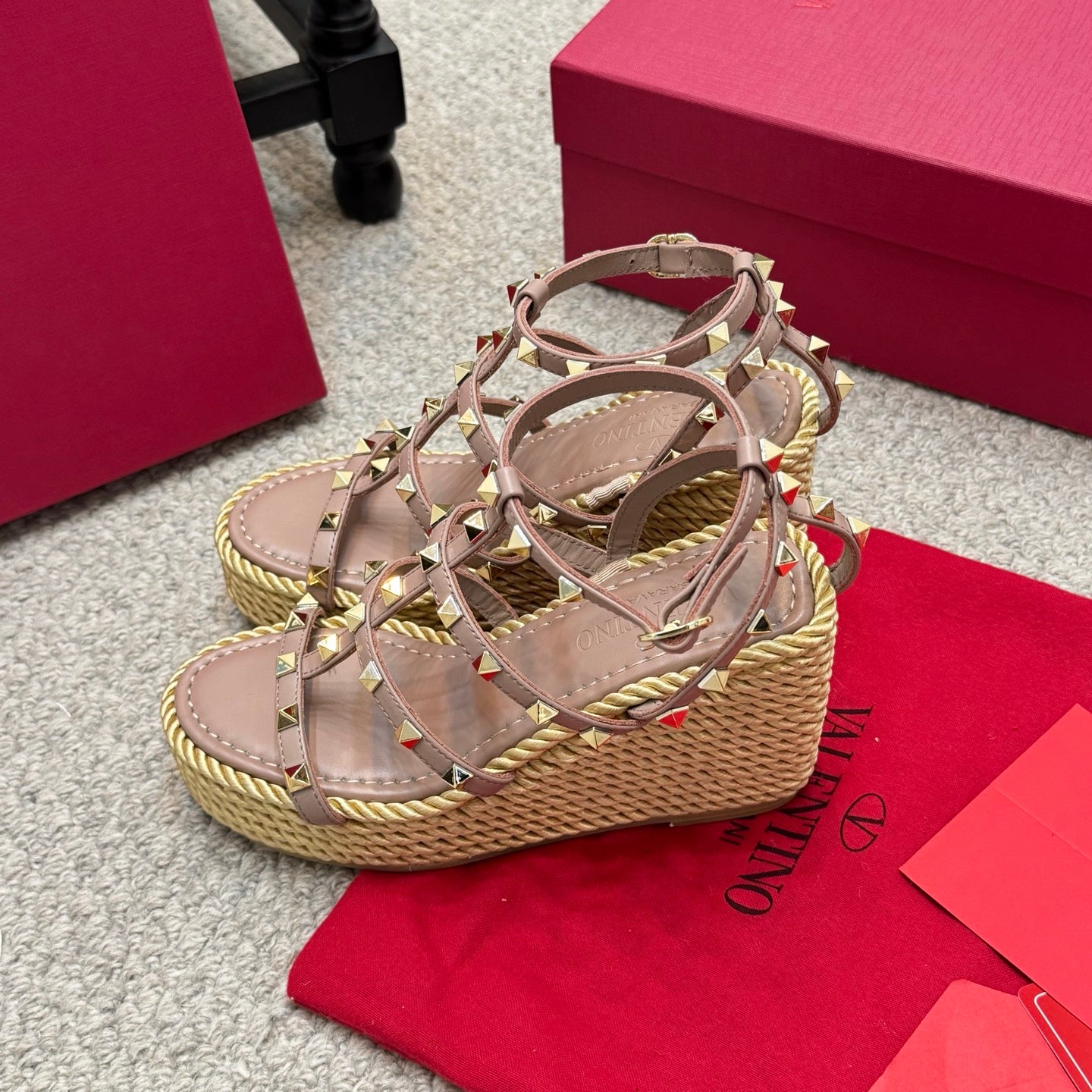 Valentino Rivet Hemp Rope Woven Wedge Sandals – Spring/Summer Collection