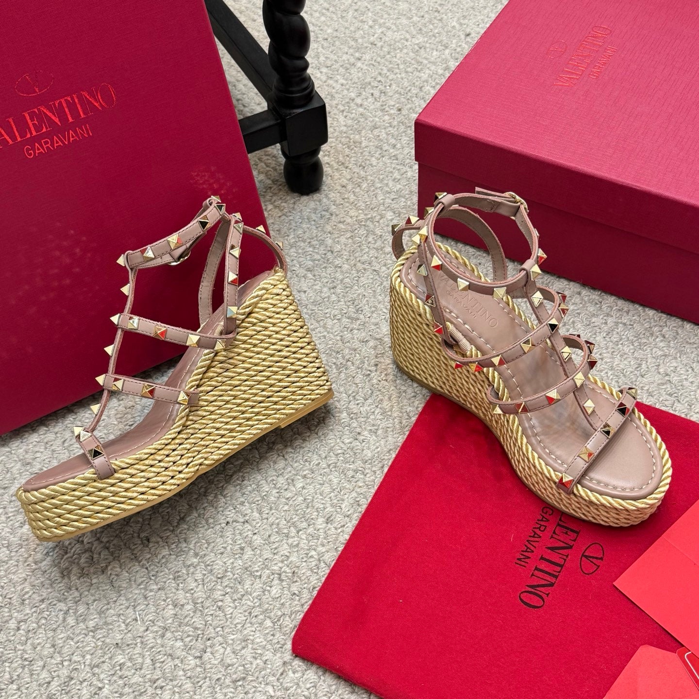 Valentino Rivet Hemp Rope Woven Wedge Sandals – Spring/Summer Collection