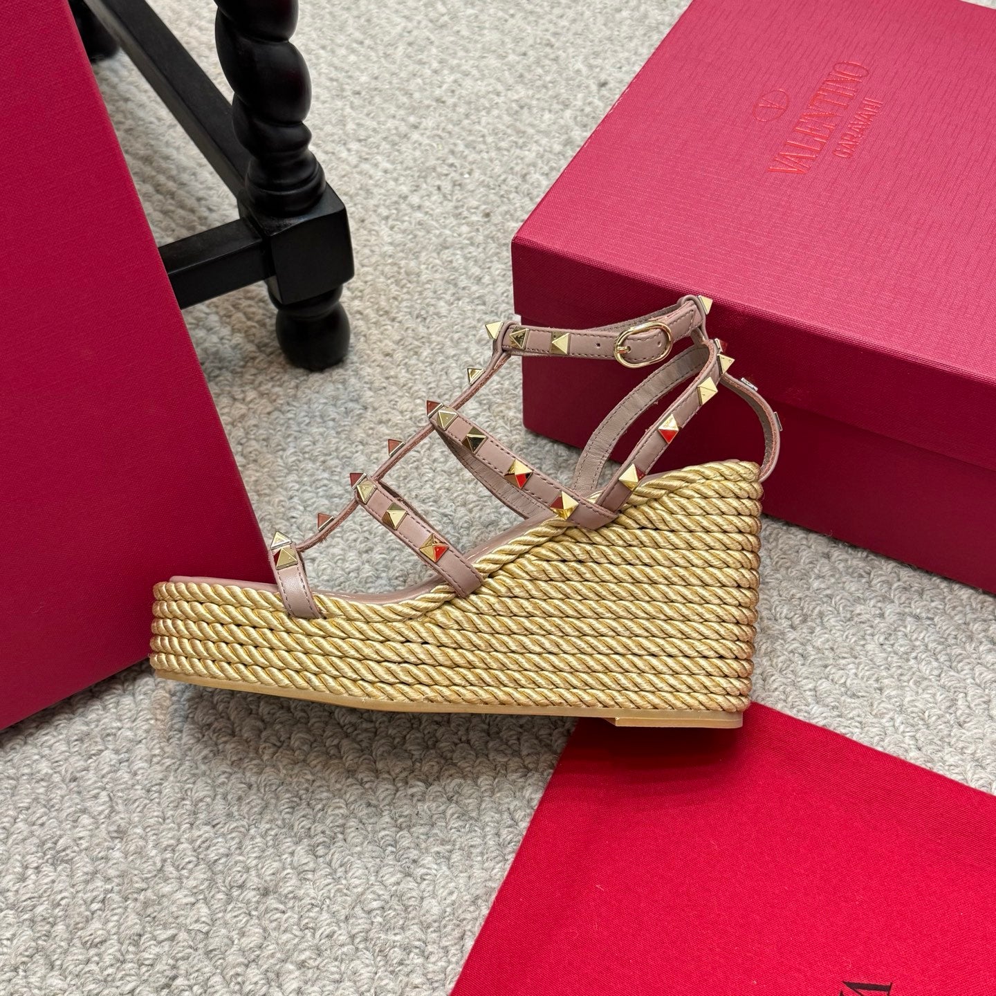 Valentino Rivet Hemp Rope Woven Wedge Sandals – Spring/Summer Collection