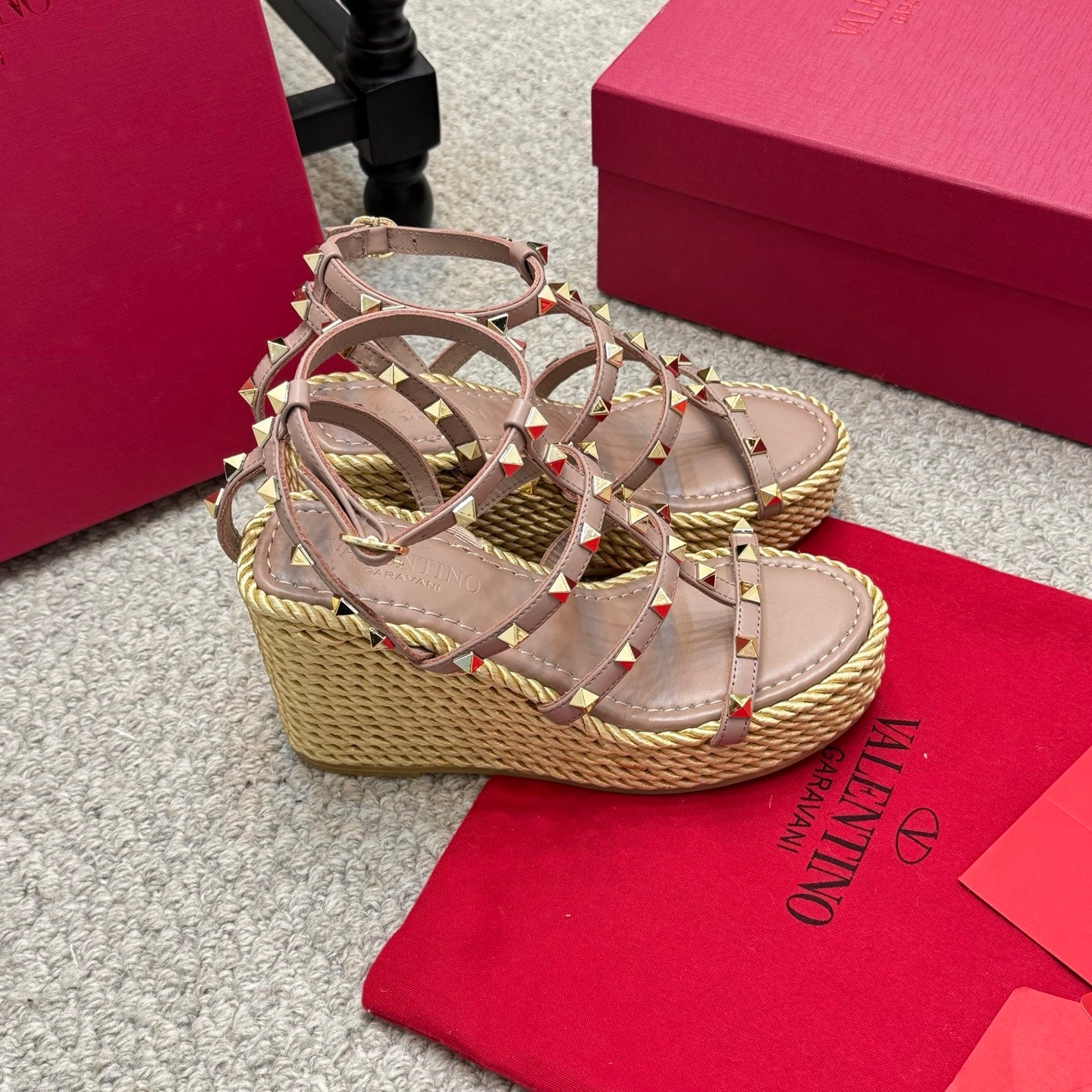 Valentino Rivet Hemp Rope Woven Wedge Sandals – Spring/Summer Collection