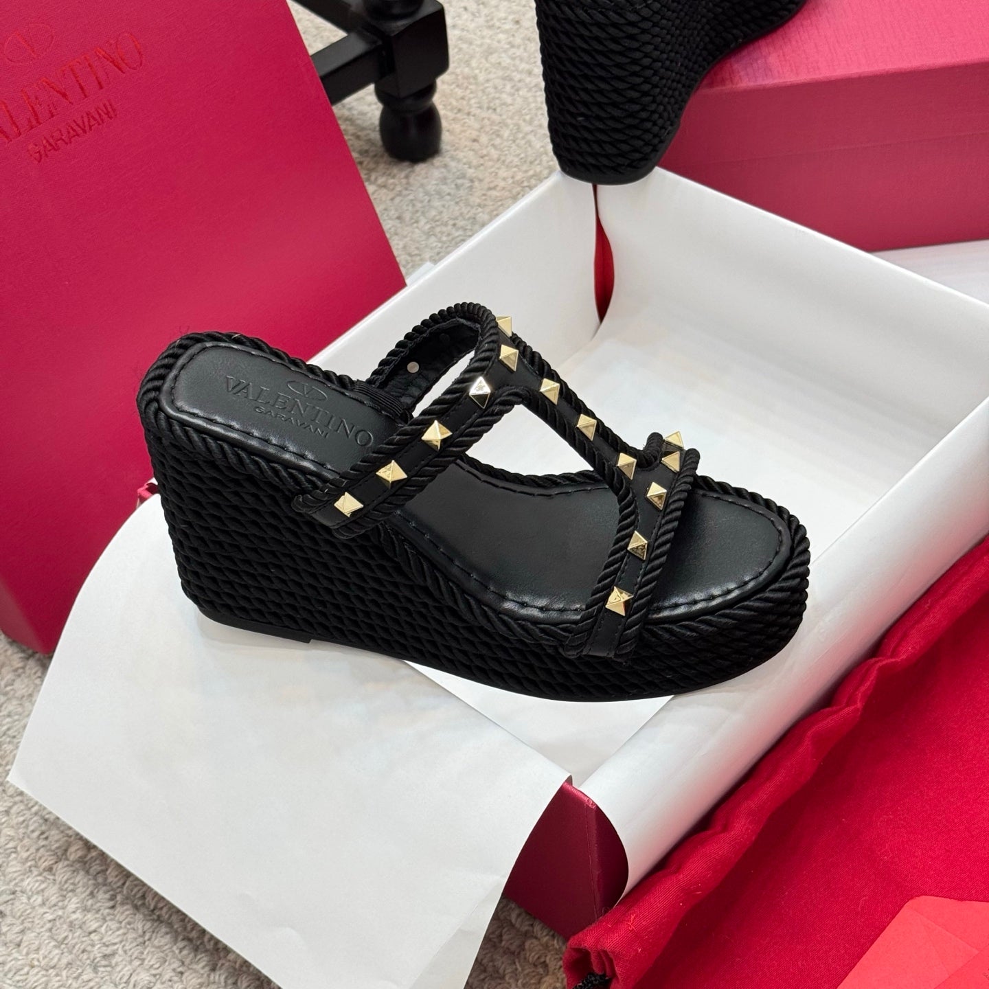 Valentino Studded Rope-Woven Wedge Sandals