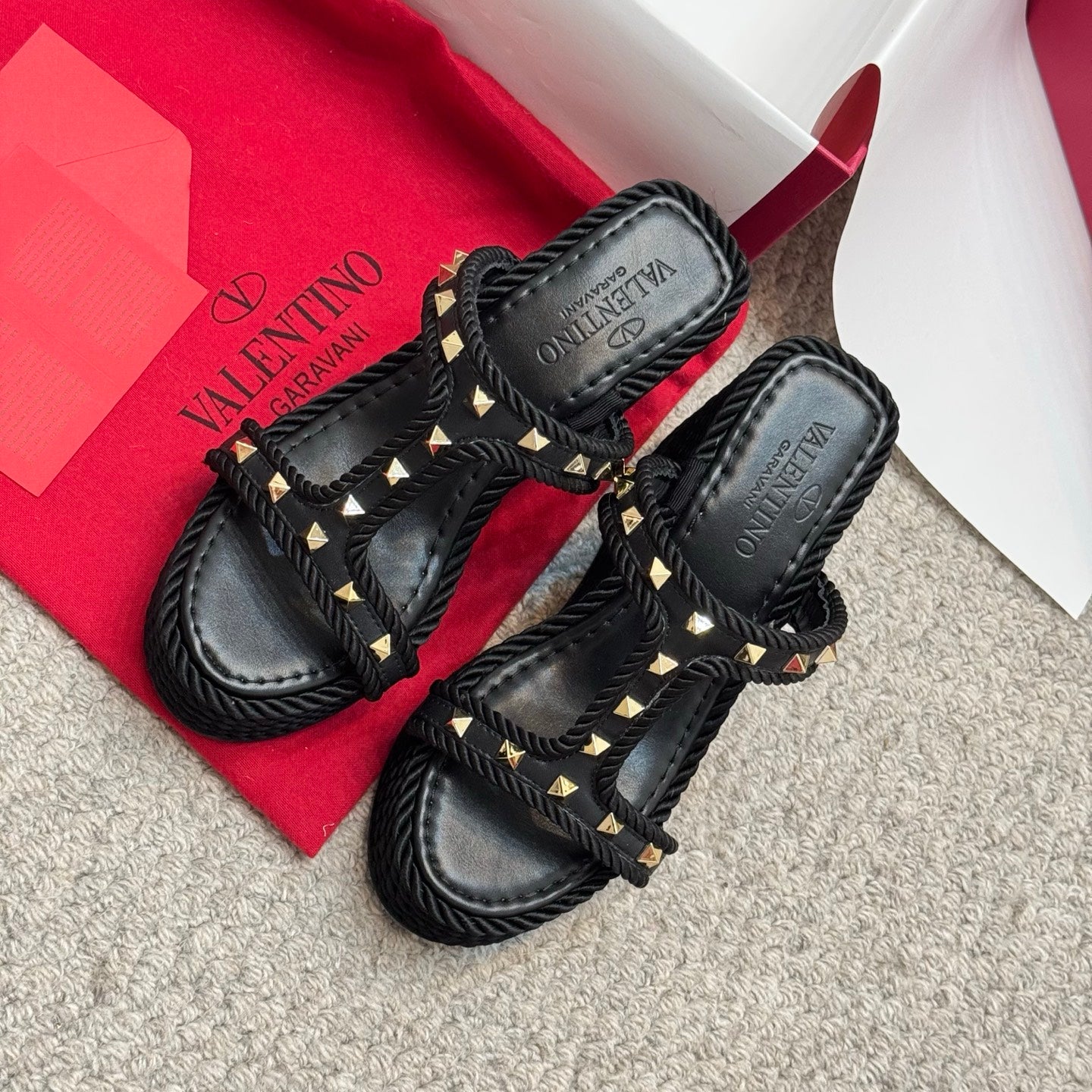 Valentino Studded Rope-Woven Wedge Sandals