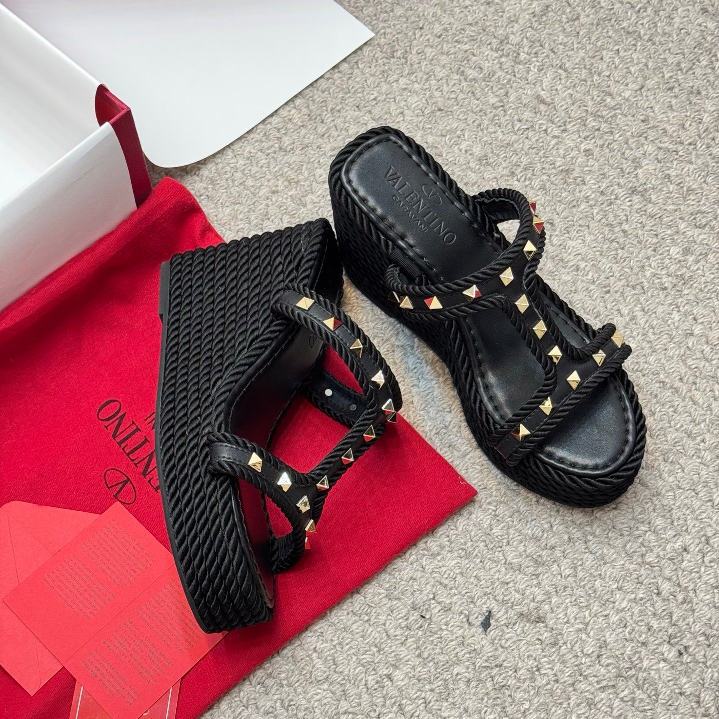Valentino Studded Rope-Woven Wedge Sandals
