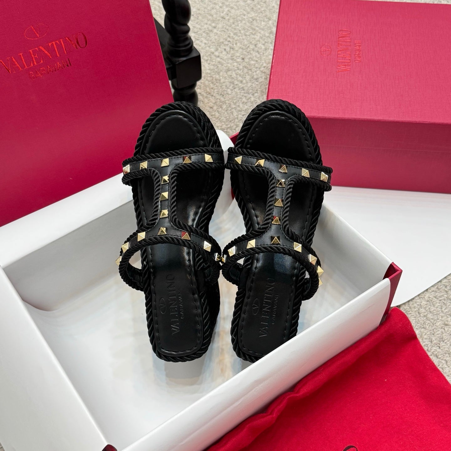 Valentino Studded Rope-Woven Wedge Sandals