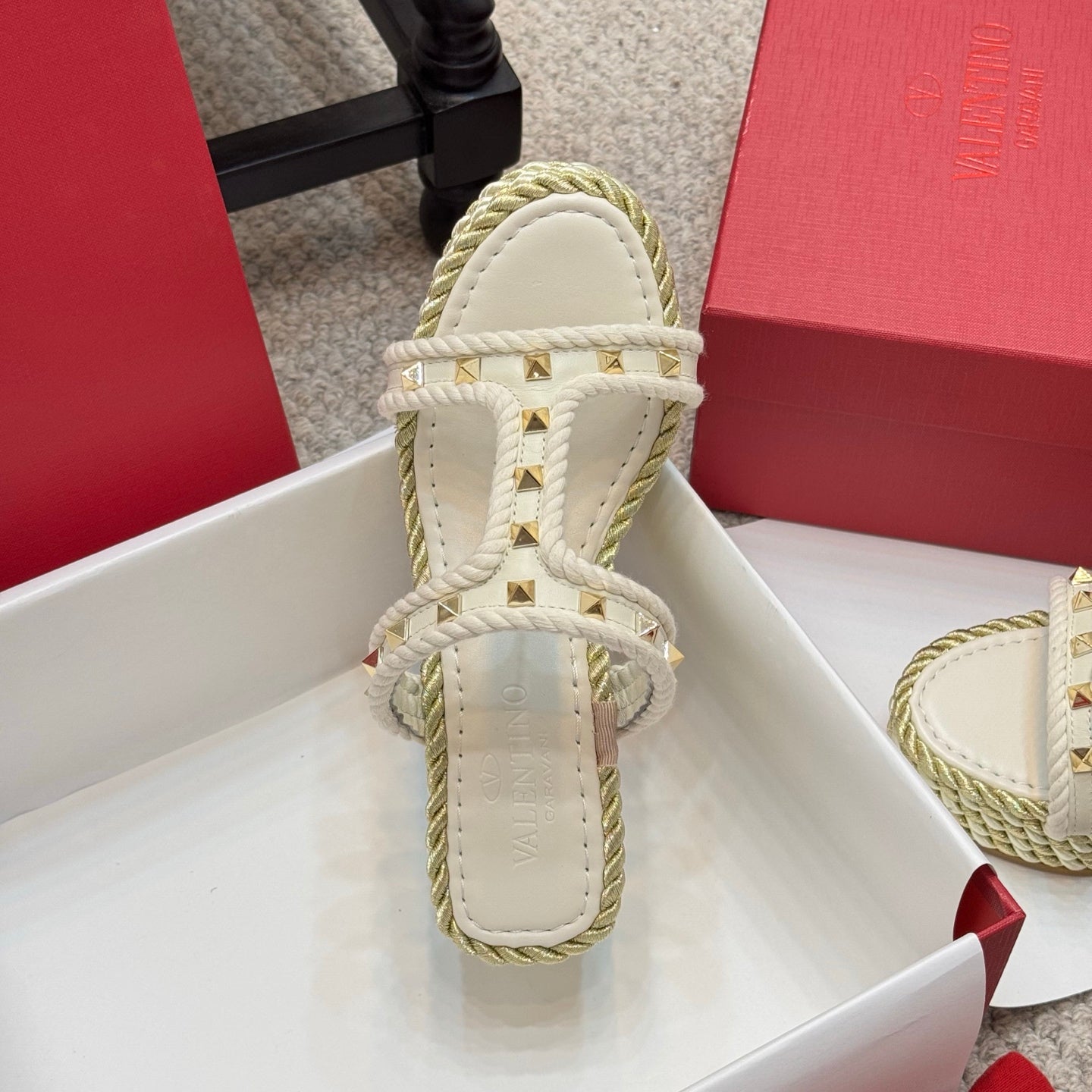 Valentino Studded Rope-Woven Wedge Sandals
