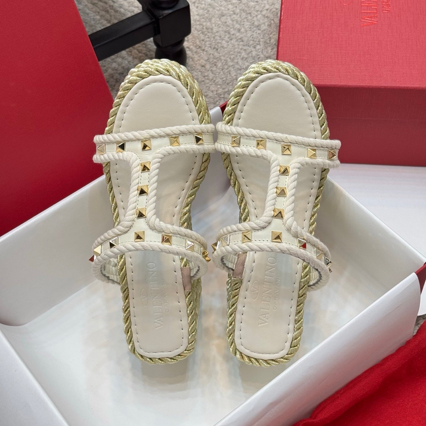 Valentino Studded Rope-Woven Wedge Sandals