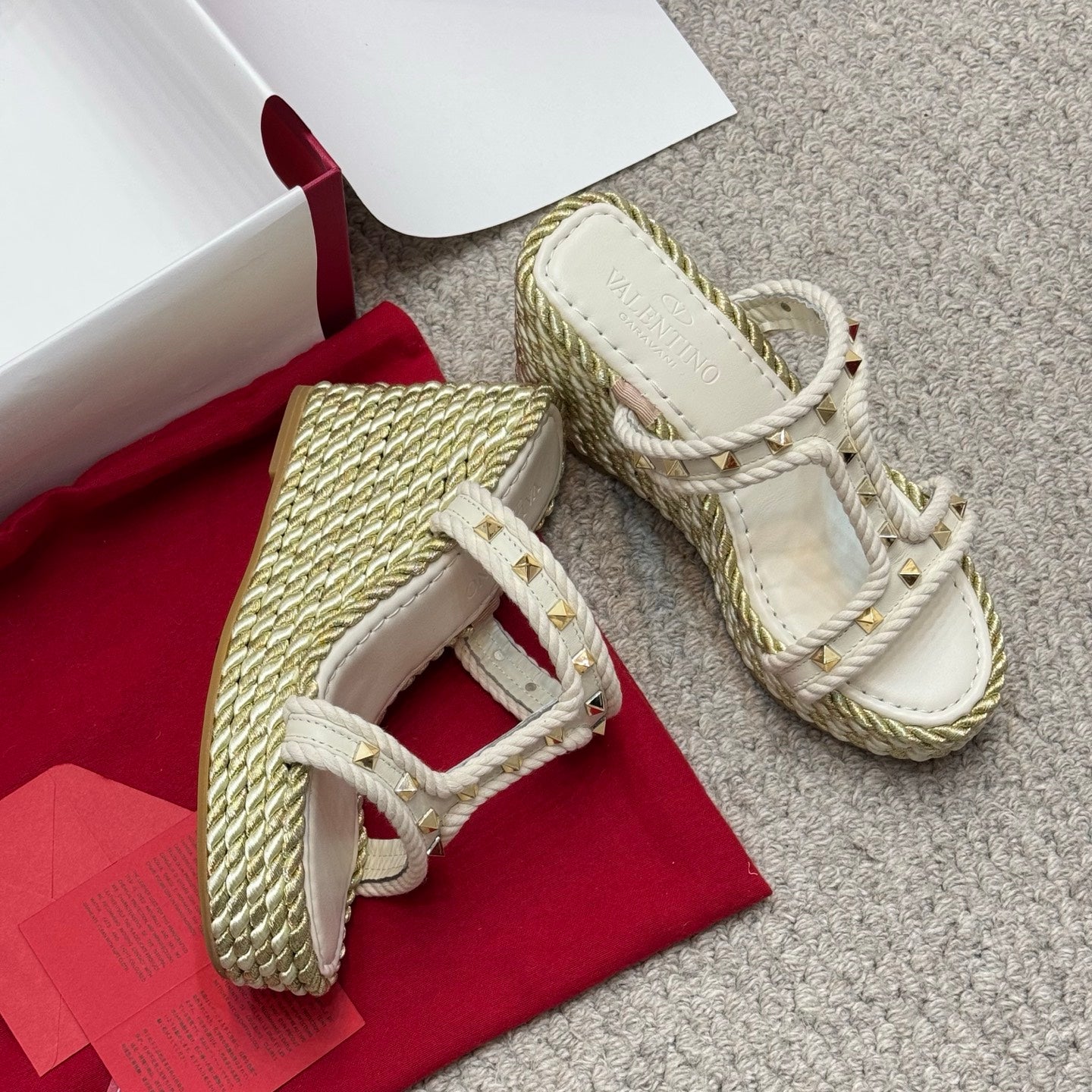 Valentino Studded Rope-Woven Wedge Sandals