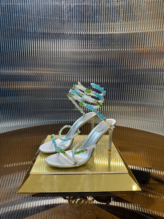 René Caovilla Crystal Spiral Heeled Sandals – 2025SS